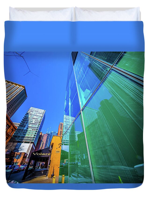 Chicago Architecture Duvet Cover featuring the pyrography E Grand Ave Reflections at Volare Restaurant by Judith Barath
