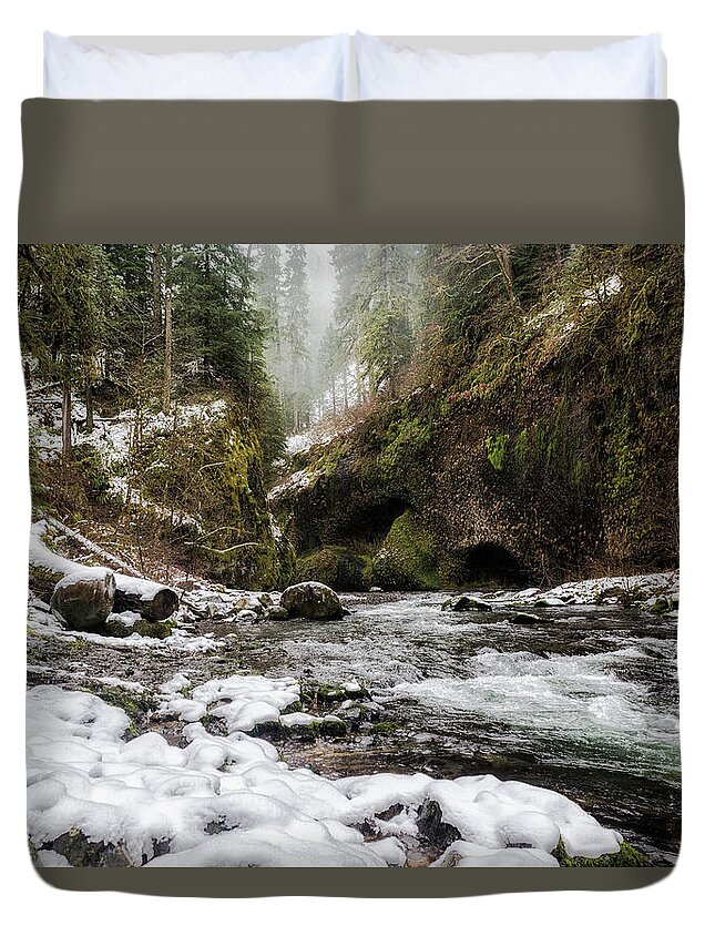 Eagle Creek Trail Duvet Cover featuring the photograph Eagle Creek Trail in Winter by Belinda Greb