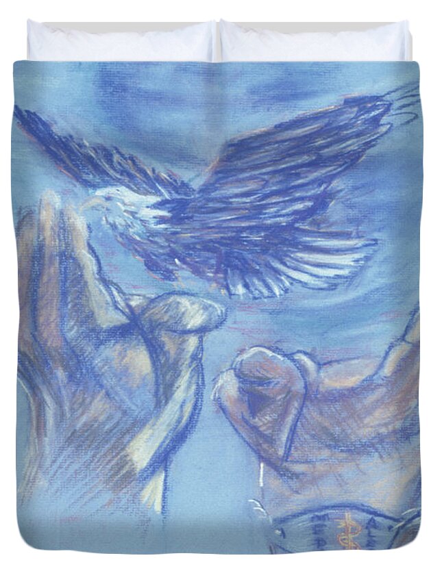 Eagle Hovers Over Ruins Duvet Cover featuring the painting Eagle Flying in Freedom - BGEFF by Fr Bob Gilroy SJ