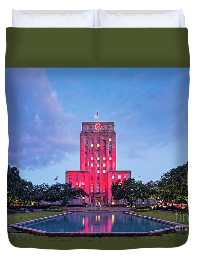 Downtown Duvet Cover featuring the photograph Early Dawn Architectural Photograph of Houston City Hall and Hermann Square - Downtown Houston Texas by Silvio Ligutti