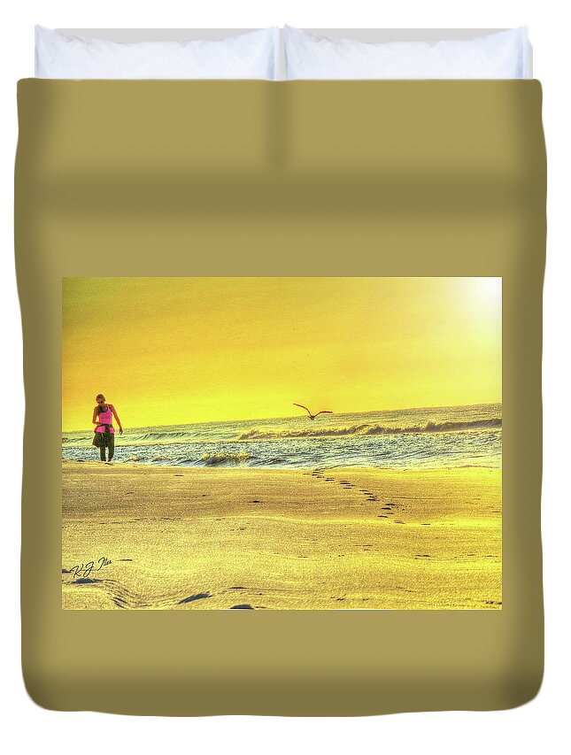 Beach Duvet Cover featuring the digital art Early morning beach walk by Kathleen Illes