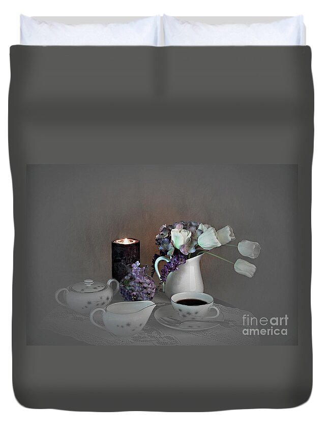 Still Life Duvet Cover featuring the photograph Early Morning Coffee by Sherry Hallemeier
