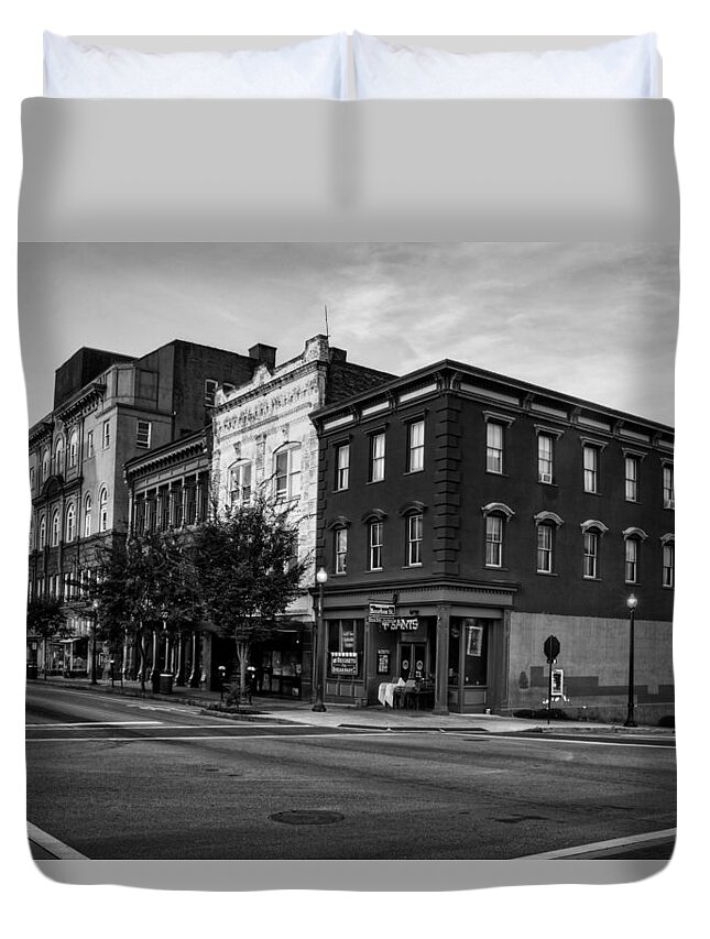 Front Street Duvet Cover featuring the photograph Early Morning In Wilmington in Black and White by Greg and Chrystal Mimbs