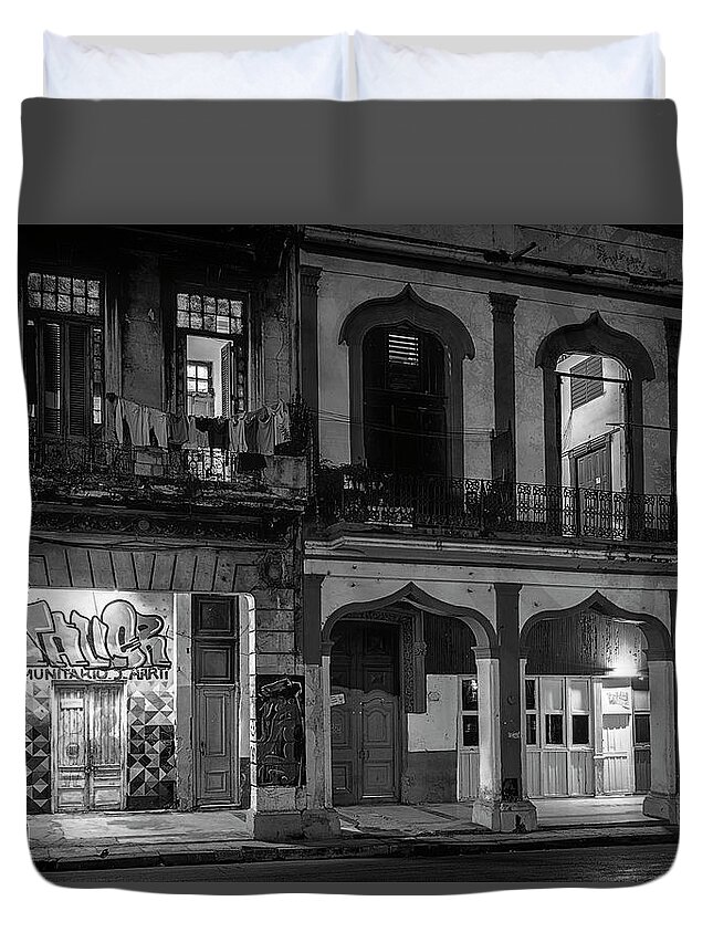 Joan Carroll Duvet Cover featuring the photograph Early Morning Paseo del Prado Havana Cuba BW by Joan Carroll