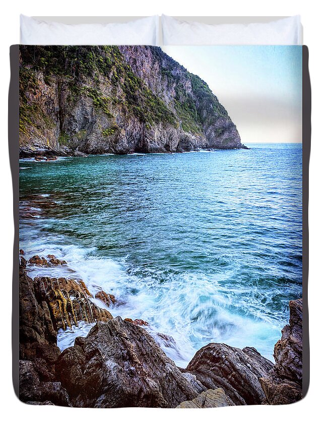 Joan Carroll Duvet Cover featuring the photograph Early Morning Riomaggiore Cinque Terre Italy by Joan Carroll