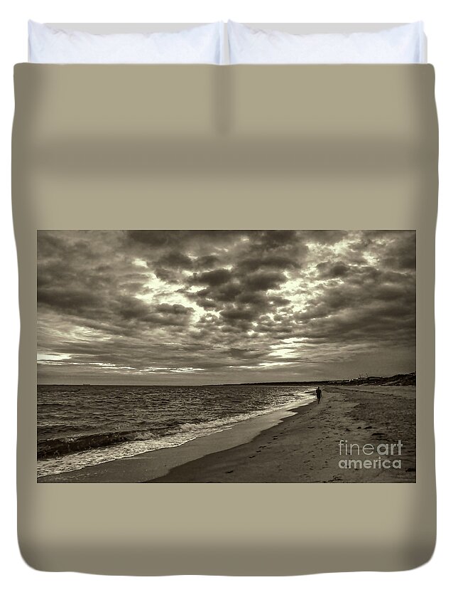 Man Duvet Cover featuring the photograph Early Morning Walk On Virginia Beach by Jeff Breiman