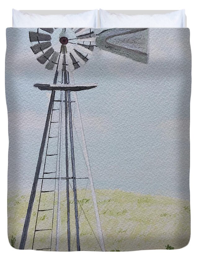 Windmill Duvet Cover featuring the painting East Windmill by Bonnie Young