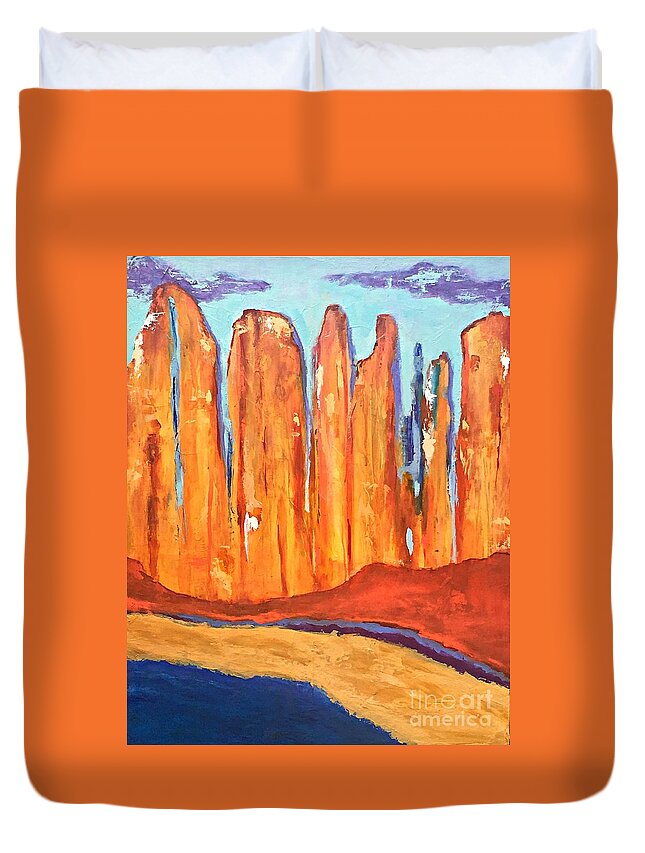 Southwest Landscape Duvet Cover featuring the painting Echoes of Time by Mary Mirabal