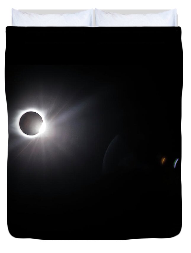 Diamond Duvet Cover featuring the photograph Eclipse Diamond Ring Effect with Solar Flares by Debra and Dave Vanderlaan