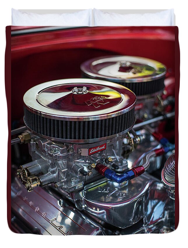Chevy Duvet Cover featuring the photograph Edelbrock and Chevy by Mike Reid