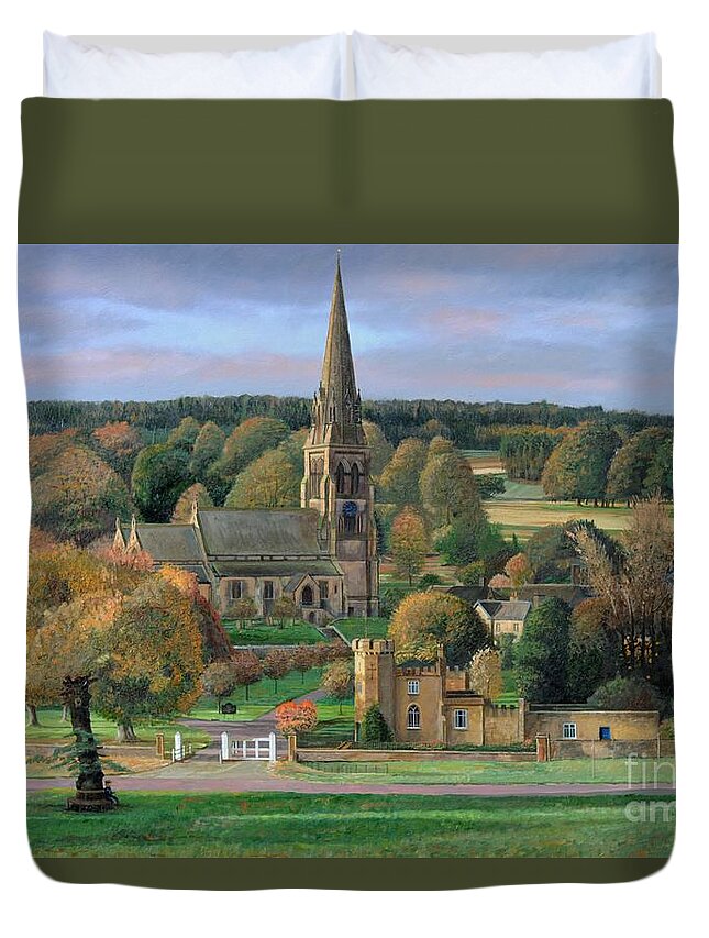 Peak District; Pig; Countryside; English Landscape; Architecture; Church; Village; Estate; Landscape; Chatsworth; Edensor; Chatsworth Park; Tree; Trees; Man Sitting On Bench Duvet Cover featuring the painting Edensor, Chatsworth Park, Derbyshire by Trevor Neal