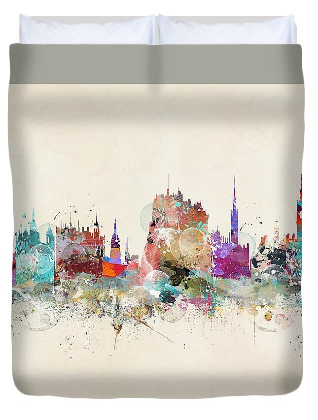 Edinburgh City Skyline Duvet Cover featuring the painting Edinburgh Scotland Skyline by Bri Buckley