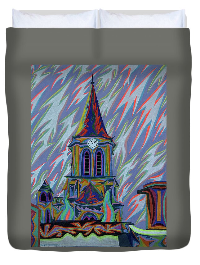 Church Duvet Cover featuring the painting Eglise Onze - Onze by Robert SORENSEN