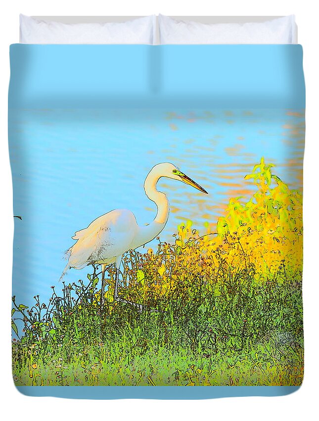 Egret Duvet Cover featuring the photograph Egret in the Lake Shallows by Patricia Twardzik