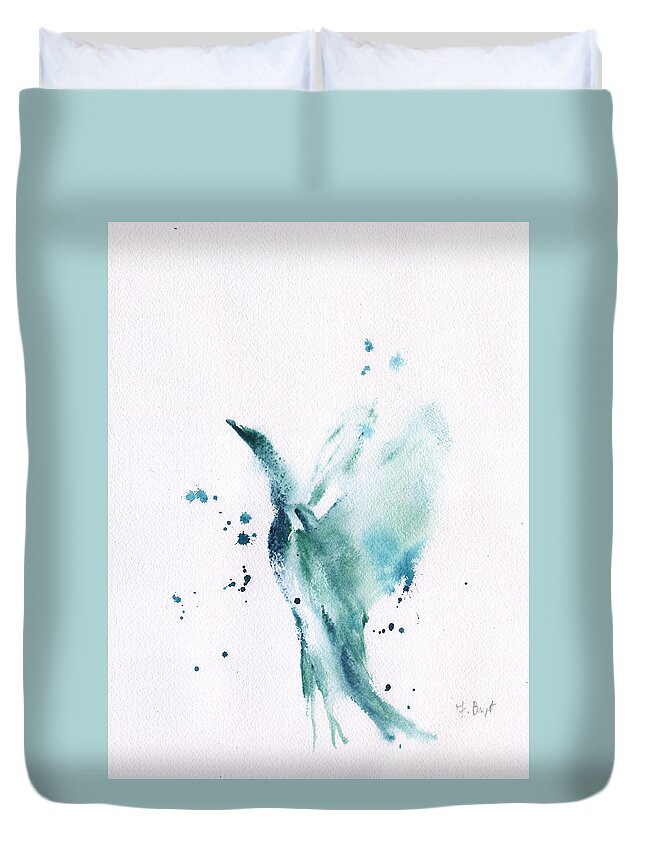 Egret Takes Flight Duvet Cover featuring the painting Egret Takes Flight by Frank Bright