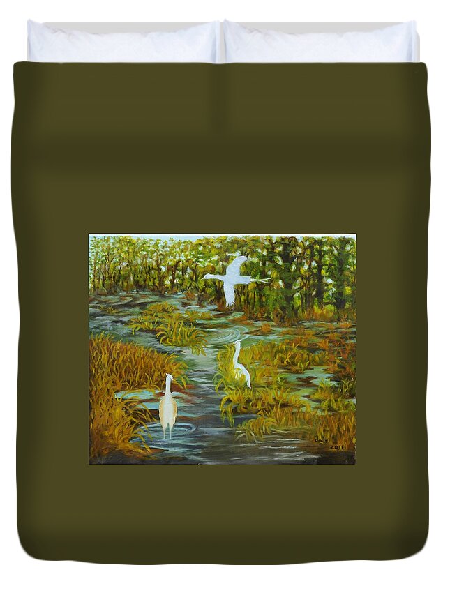 Birds Duvet Cover featuring the painting Egrets in the Marsh by Douglas Ann Slusher