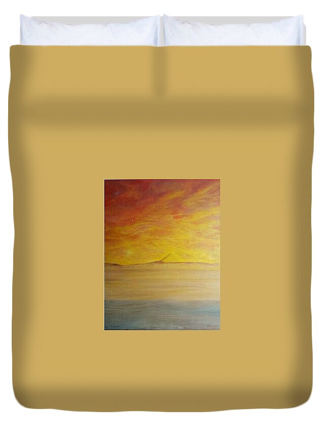#egyptianart #egyptyiansunset #sunsetwithpyramids #egyptianart #acrylicpaintings #coolart #acrylicsonwoodpanel #abstractartforsale #camvasartprints #originalartforsale #abstractartpaintings Duvet Cover featuring the painting Egyptian Sunset by Cynthia Silverman