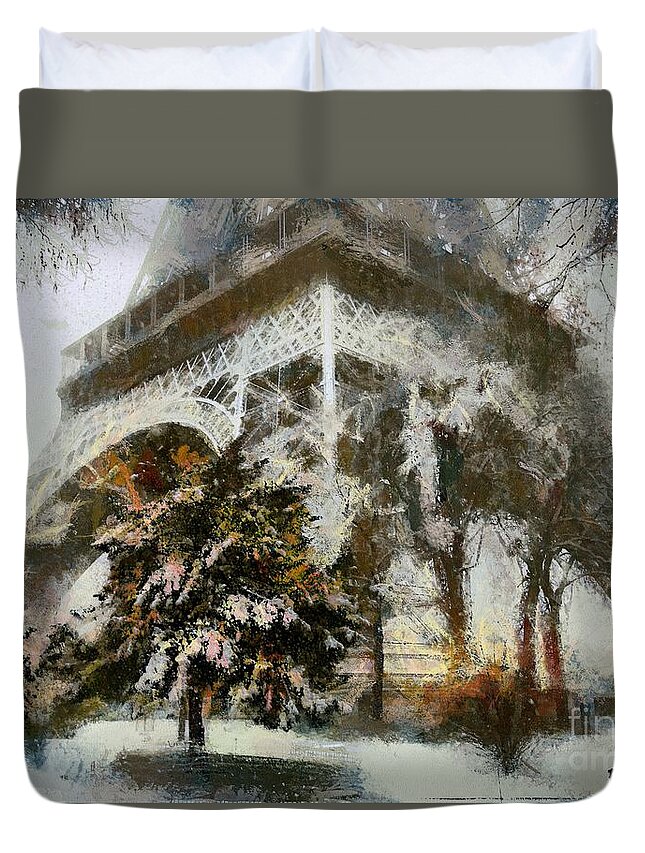 Digital Art Duvet Cover featuring the mixed media Eiffel In The Snow by Dragica Micki Fortuna