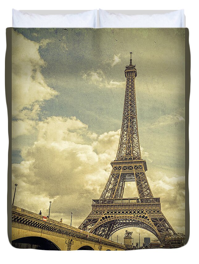 Joan Carroll Duvet Cover featuring the photograph Eiffel Tower and Pont D'lena Vintage by Joan Carroll