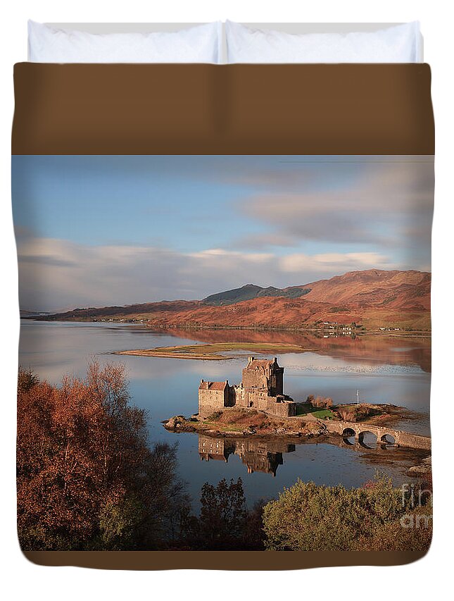 Eilean Donan Castle Duvet Cover featuring the photograph Eilean Donan Castle in Autumn - Long exposure by Maria Gaellman