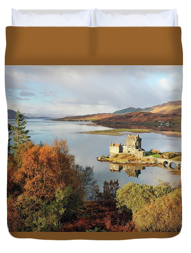 Eilean Donan Duvet Cover featuring the photograph Eilean Donan Reflection in Autumn by Grant Glendinning