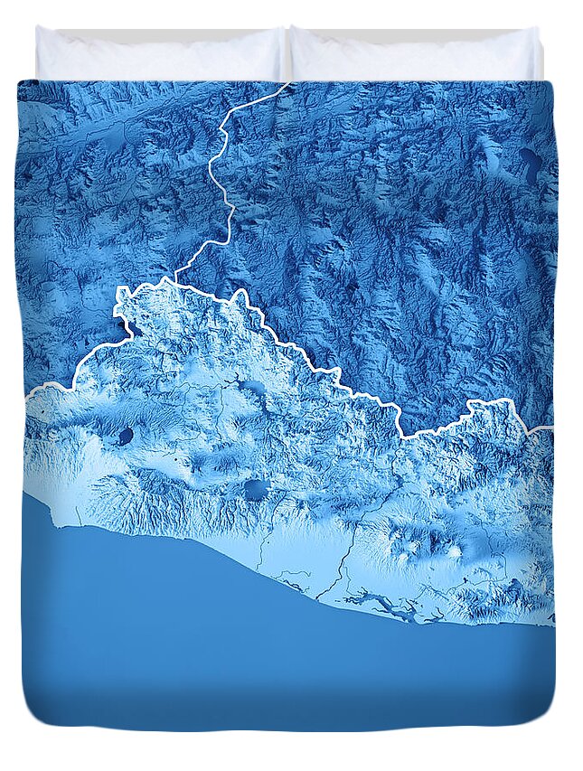 El Salvador Duvet Cover featuring the digital art El Salvador 3D Render Topographic Map Blue Border by Frank Ramspott