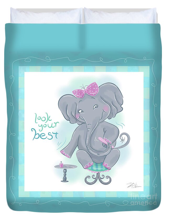 Children Duvet Cover featuring the mixed media Elephant Bath Time Look your Best by Shari Warren