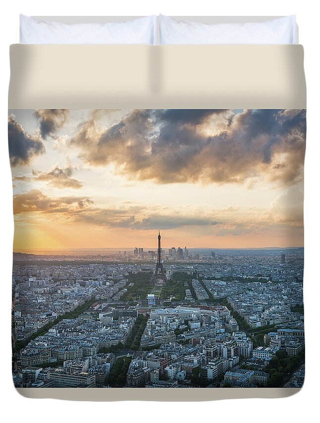 Paris Duvet Cover featuring the photograph Elevated View of Paris at Sunset by James Udall