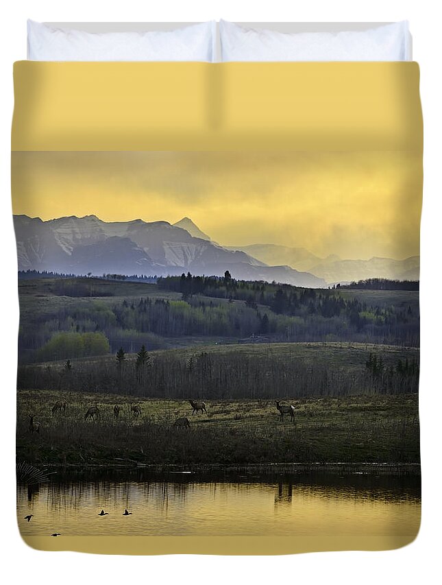 Landscape Duvet Cover featuring the photograph Elk On The Horizon by Edward Kovalsky