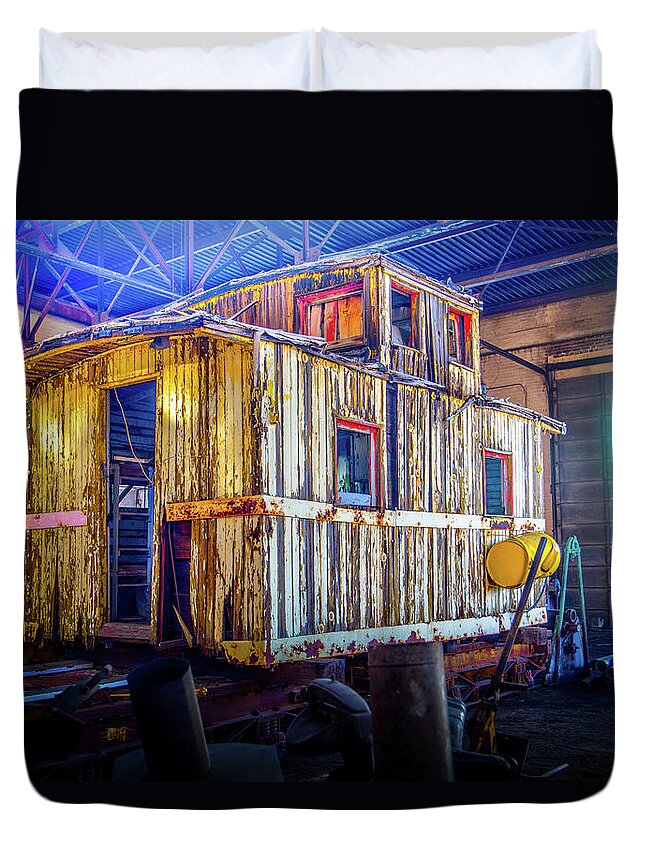 Golden Duvet Cover featuring the photograph Ely Caboose by Bryan Moore