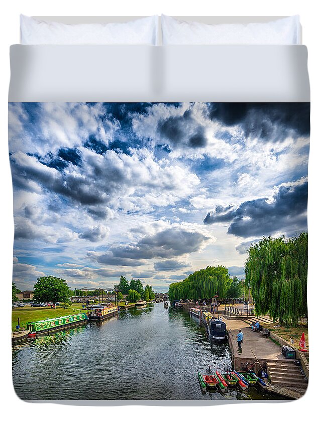 Blue Sky Duvet Cover featuring the photograph Ely Riverside by James Billings