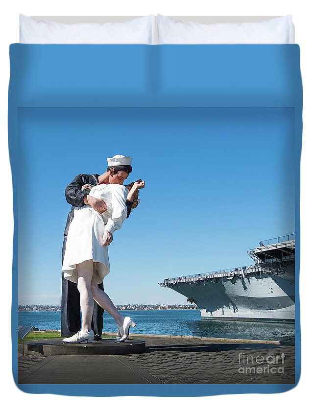 Embracing Peace Sculpture Duvet Cover featuring the photograph Embracing Peace Sculpture and USS Midway Aircraft Carrier by David Levin