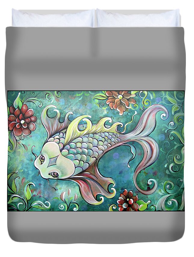 Koi Duvet Cover featuring the painting Emerald Koi by Shadia Derbyshire