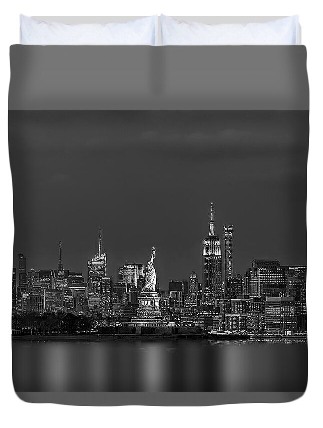 Statue Of Liberty Duvet Cover featuring the photograph Empire State And Statue Of Liberty BW by Susan Candelario