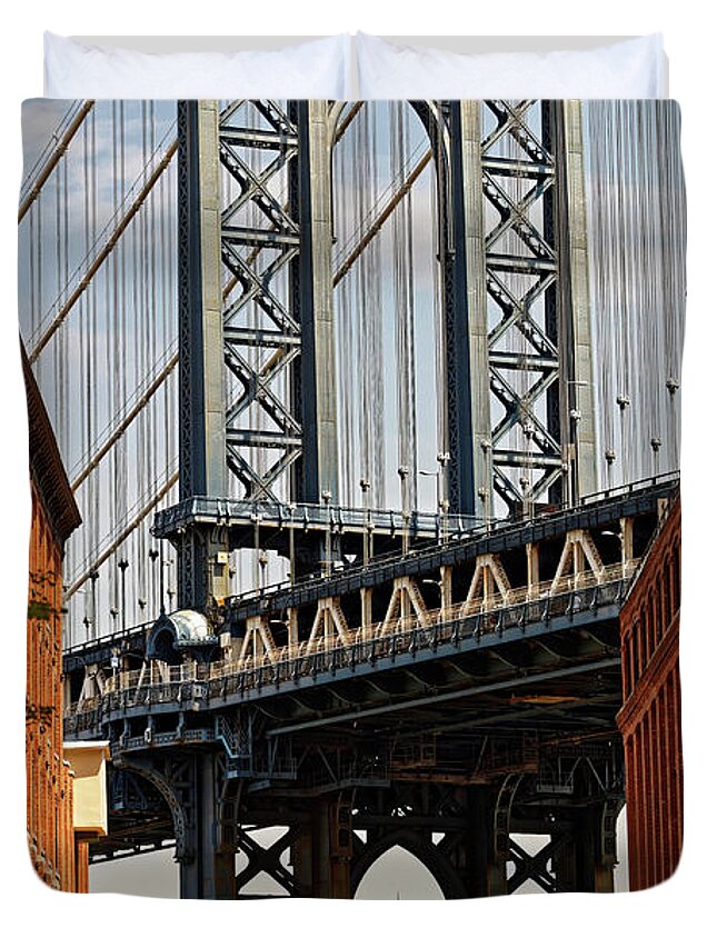 Manhatten Duvet Cover featuring the photograph Empire State Building Through Manhattan Bridge by Doolittle Photography and Art
