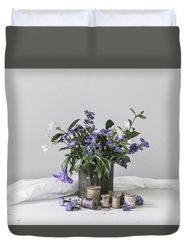 Purple Aster Flowers Duvet Cover featuring the photograph Enchanted by Kim Hojnacki