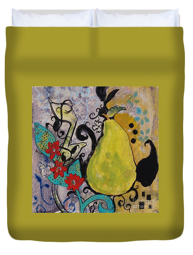 Pear Duvet Cover featuring the painting Enchanted Pear by Robin Pedrero
