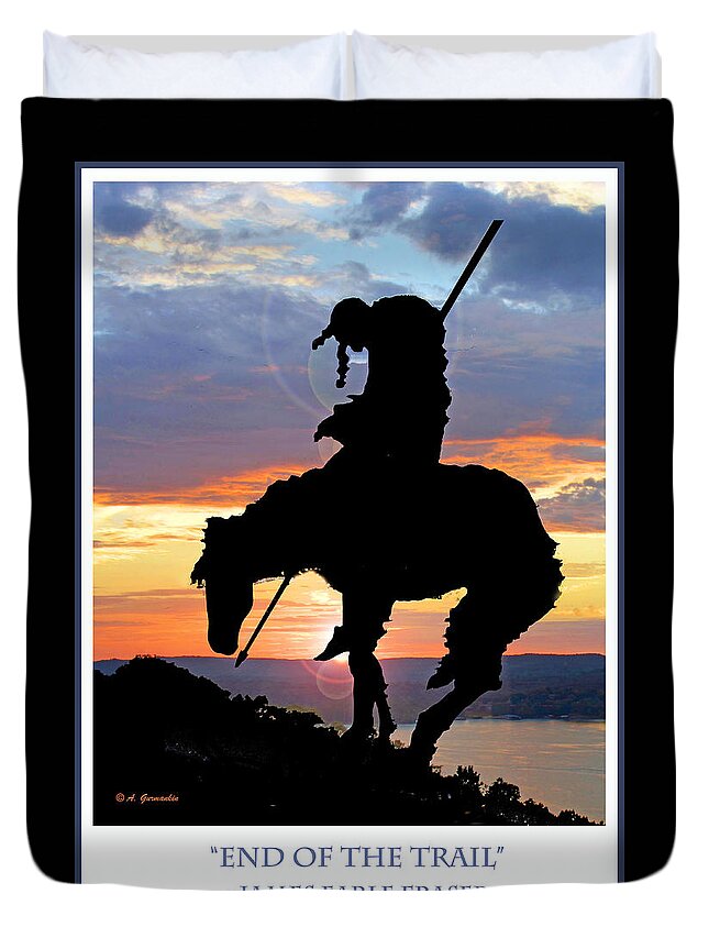 Tourist Attraction Duvet Cover featuring the photograph End of the Trail Sculpture in a Sunset by A Macarthur Gurmankin