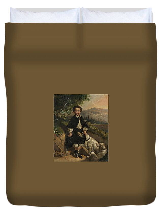 England Boy Portrait With Dogs. Mid 19th Century Duvet Cover featuring the painting England boy portrait with dogs by MotionAge Designs