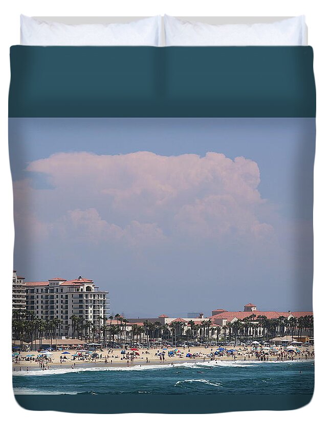 Huntington Beach California Duvet Cover featuring the photograph Enhanced Beach Scene at Huntington Beach California by Colleen Cornelius