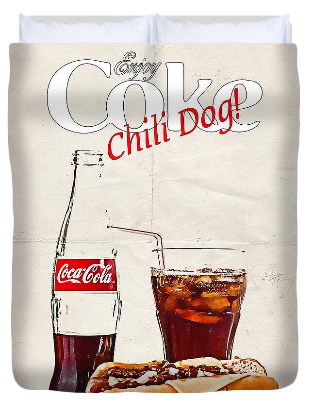 Enjoy Duvet Cover featuring the photograph Enjoy Coca-Cola With Chili Dog by James Sage