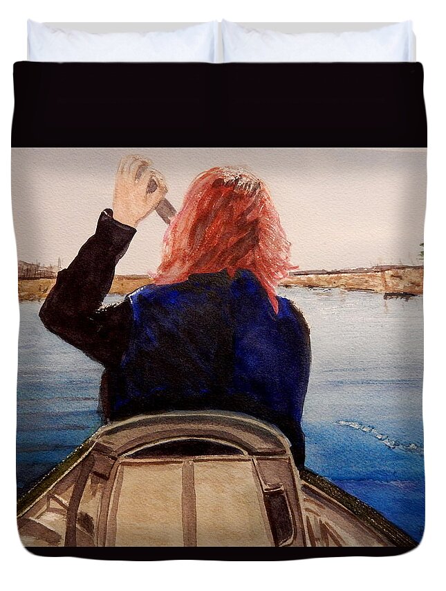 Canoe Duvet Cover featuring the painting Enjoying Nature by Betty-Anne McDonald