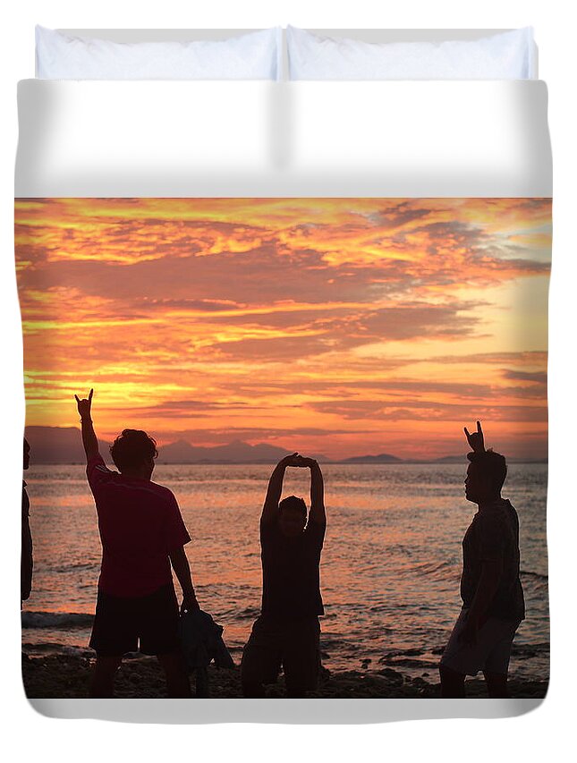 Sunrise Sea Island Smile Friends Bestfriend Trip Traveling Beach Funny Laugh Lifestyle Men Young Freedom Indonesia Camping Goodvibe Vitaminsea Morning Sunlight Duvet Cover featuring the photograph Enjoying Sunrise With Friends by Arvy Weindo Sianturi