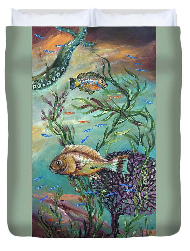 Coral Reef Duvet Cover featuring the painting Entangled Right by Linda Olsen