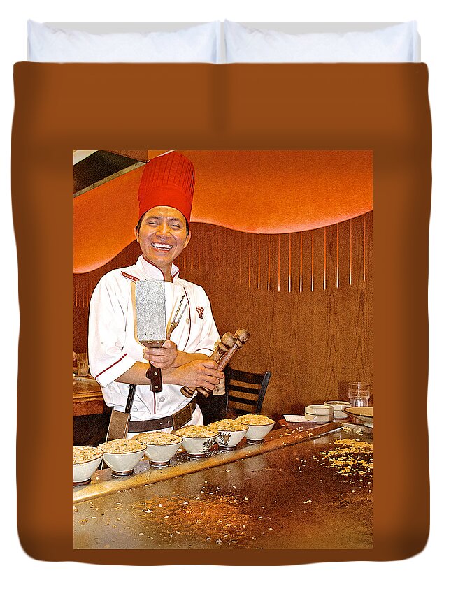 Entertaining Chef At Benihana In Monterey Duvet Cover featuring the photograph Entertaining Chef at Benihana in Monterey-California by Ruth Hager