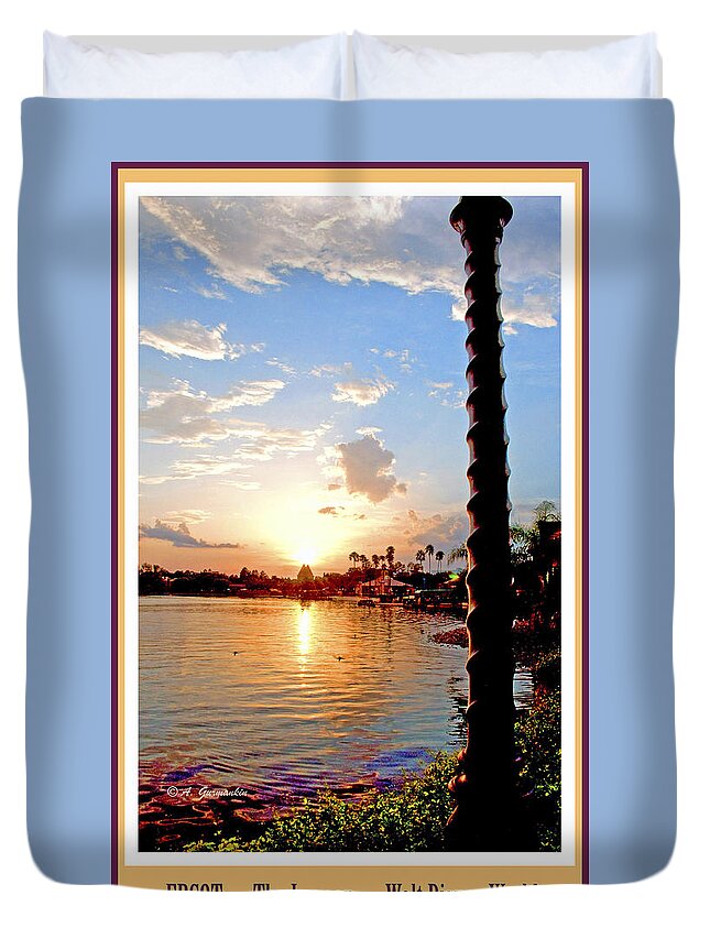 Theme Park Duvet Cover featuring the photograph EPCOT Lagoon at Sunset Walt Disney World by A Macarthur Gurmankin