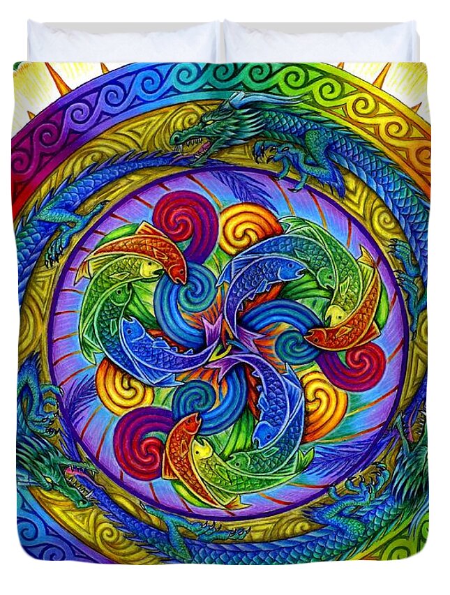 Dragon Duvet Cover featuring the drawing Psychedelic Dragons Rainbow Mandala by Rebecca Wang