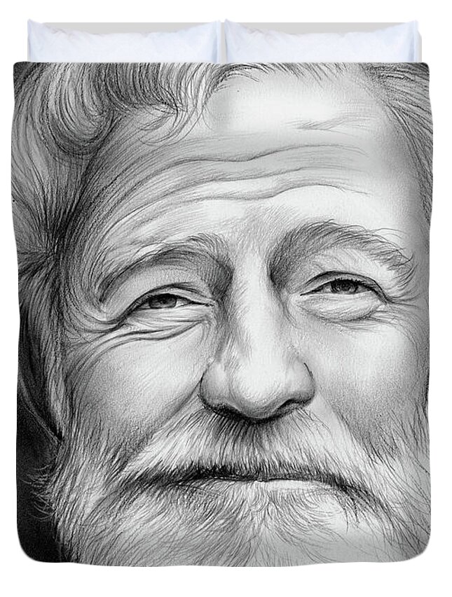 Ernest Hemingway Duvet Cover featuring the drawing Ernest Hemingway by Greg Joens