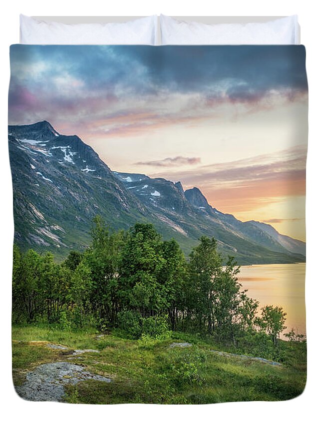 Landscape Duvet Cover featuring the photograph Ersfjord Sunset by Maciej Markiewicz