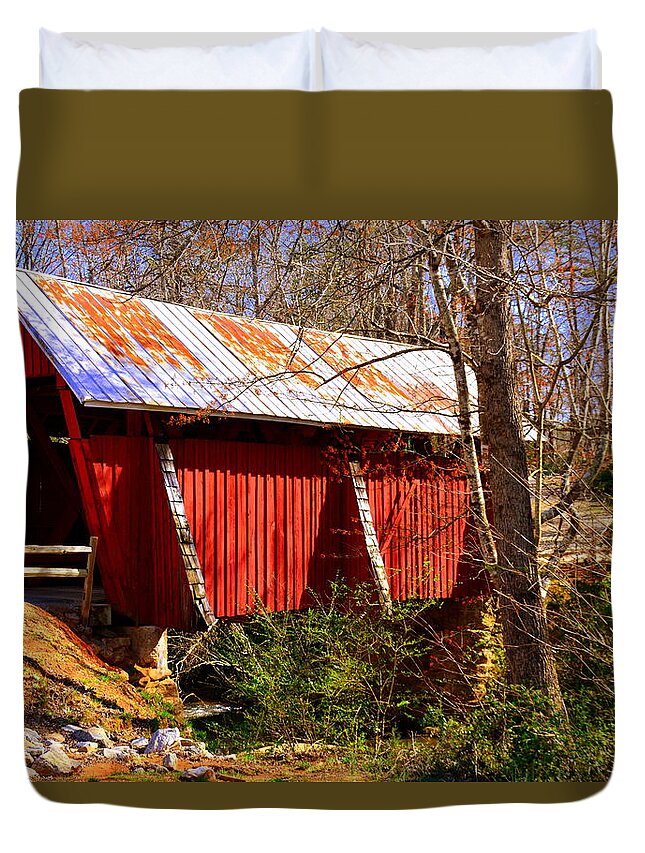 Est. 1909 Campbell's Covered Bridge Duvet Cover featuring the photograph Est. 1909 Campbell's Covered Bridge by Lisa Wooten